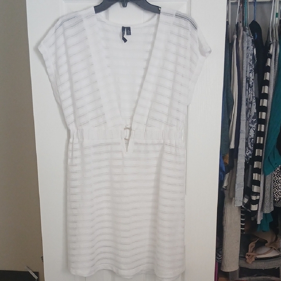 Elegant White Striped Swim Coverup - Picture 1 of 5